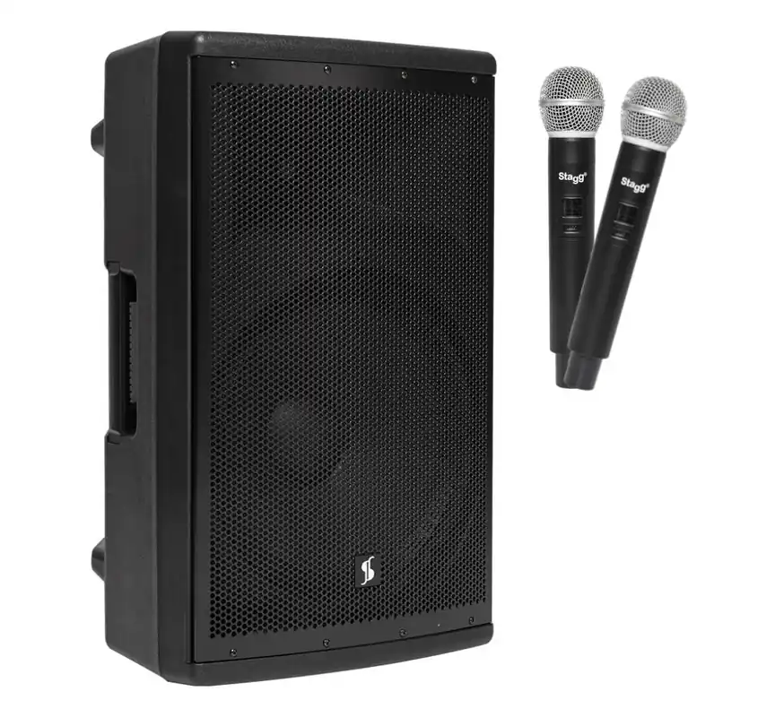 Stagg AS 15B - dwudrożna kolumna aktywna 400W UHF w zestawie z dwoma mikrofonami Cena promocyjna